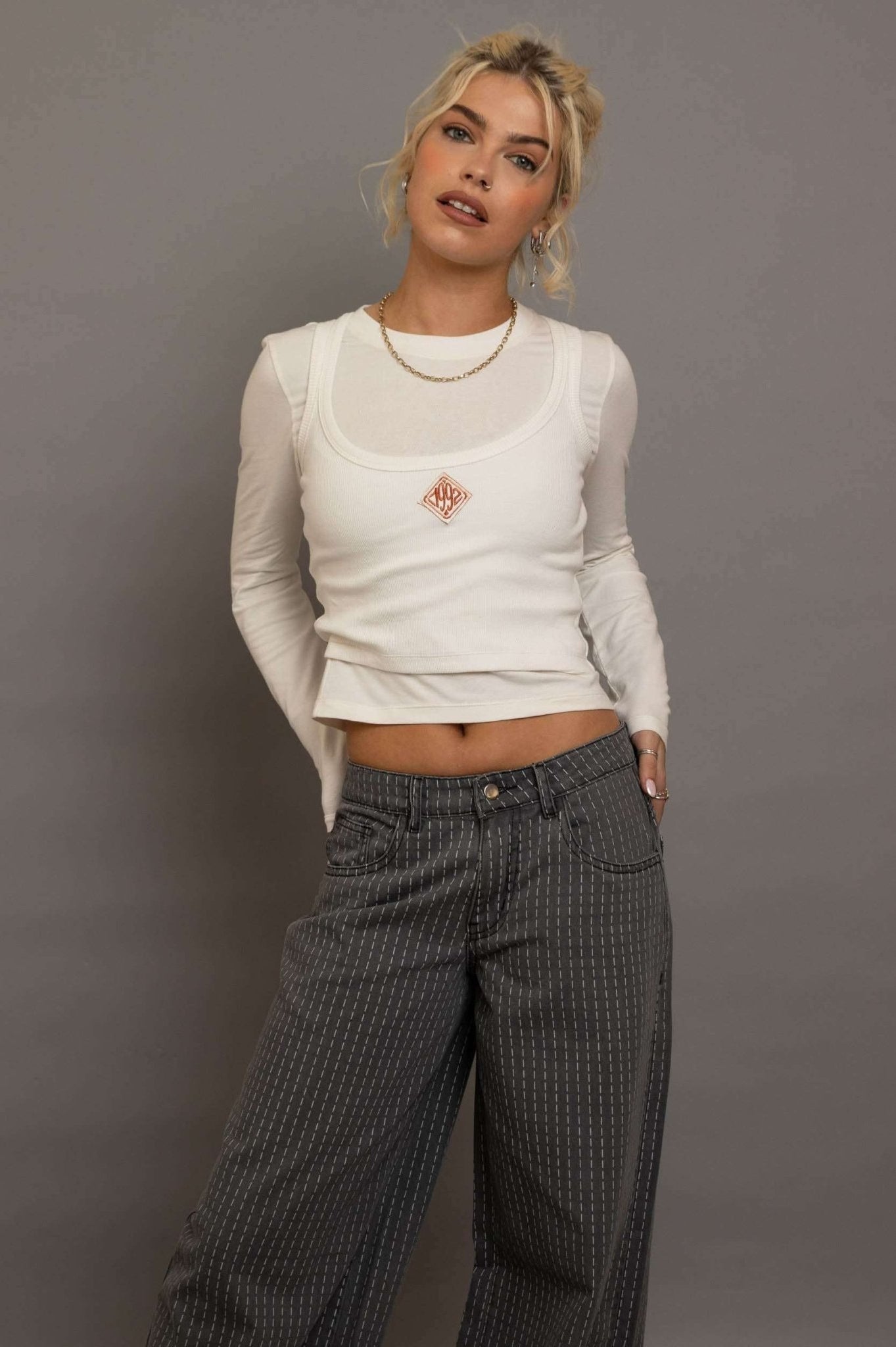 Shop Daisy Street Daisy Street Double Layered Top with Embroidery Long Sleeved Top for women – premium loungewear and festival fashion at Spoiled Brat