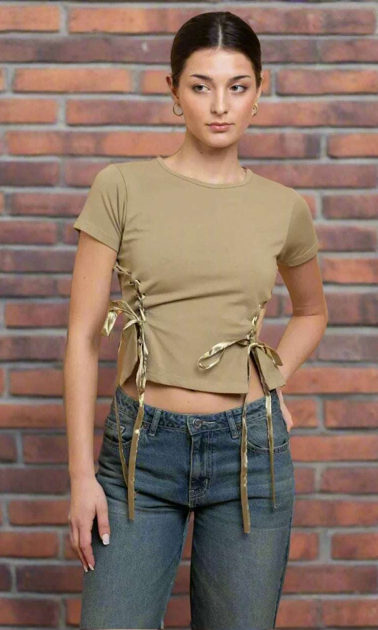 Shop Daisy Street Daisy Street Lace Up Detail Baby Tee T-Shirts for women – premium loungewear and festival fashion at Spoiled Brat