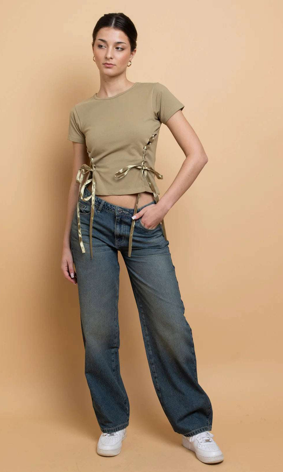 Shop Daisy Street Daisy Street Lace Up Detail Baby Tee T-Shirts for women – premium loungewear and festival fashion at Spoiled Brat