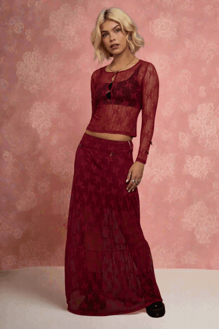 Shop Daisy Street Daisy Street Red Lace Maxi Skirt with Bows Maxi Skirt for women – premium loungewear and festival fashion at Spoiled Brat