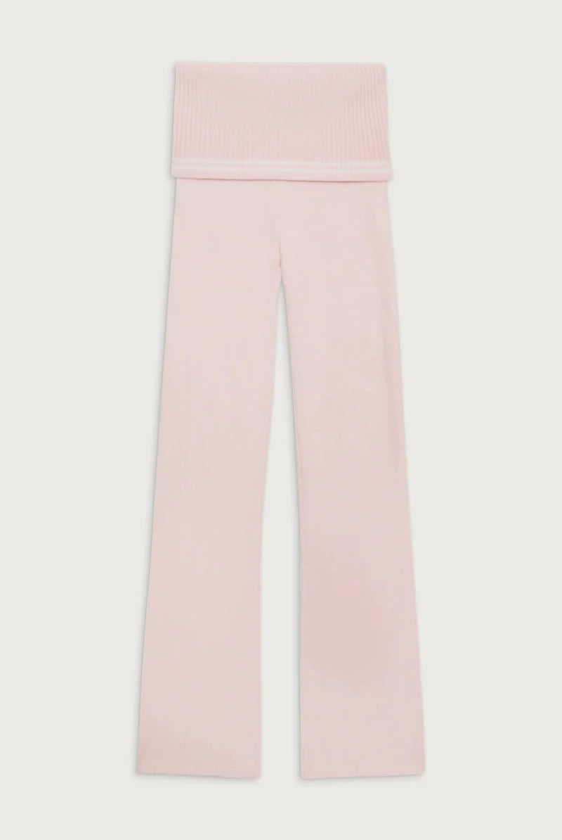 Shop Frankies Bikinis Frankies Bikinis Aimee Cloud Knit Flare Pant in Rosebud Pink Trousers for women – premium loungewear and festival fashion at Spoiled Brat