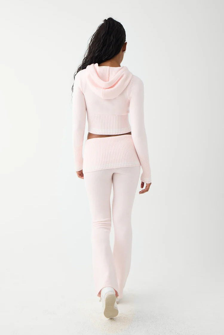 Shop Frankies Bikinis Frankies Bikinis Aimee Cloud Knit Flare Pant in Rosebud Pink Trousers for women – premium loungewear and festival fashion at Spoiled Brat