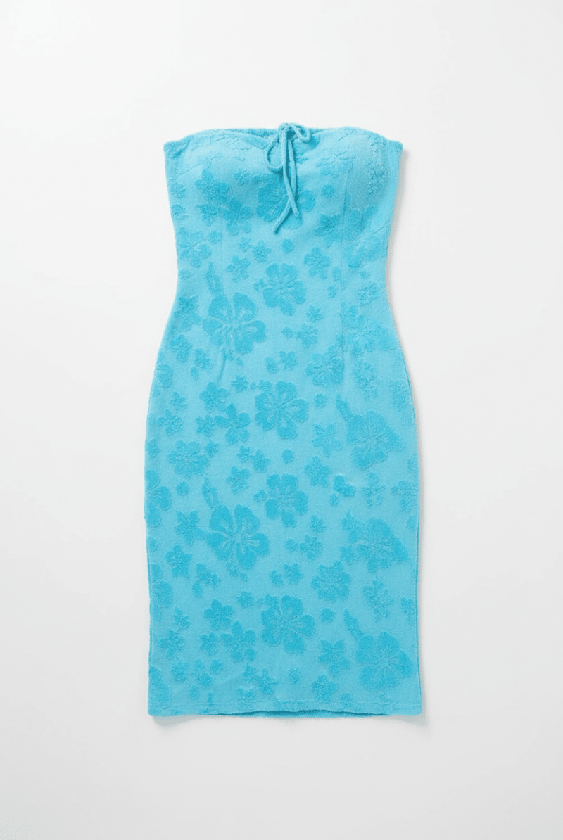 Shop Frankies Bikinis Frankies Bikinis Hope Strapless Terry Dress in Blue Isle Midi Dress for women – premium loungewear and festival fashion at Spoiled Brat