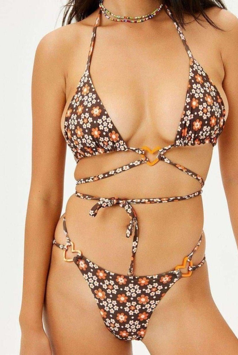 Shop Frankies Bikinis Frankies Bikinis Kailyn Floral String Bikini Bottom in Brown Buttercup Bikini Bottoms for women – premium loungewear and festival fashion at Spoiled Brat