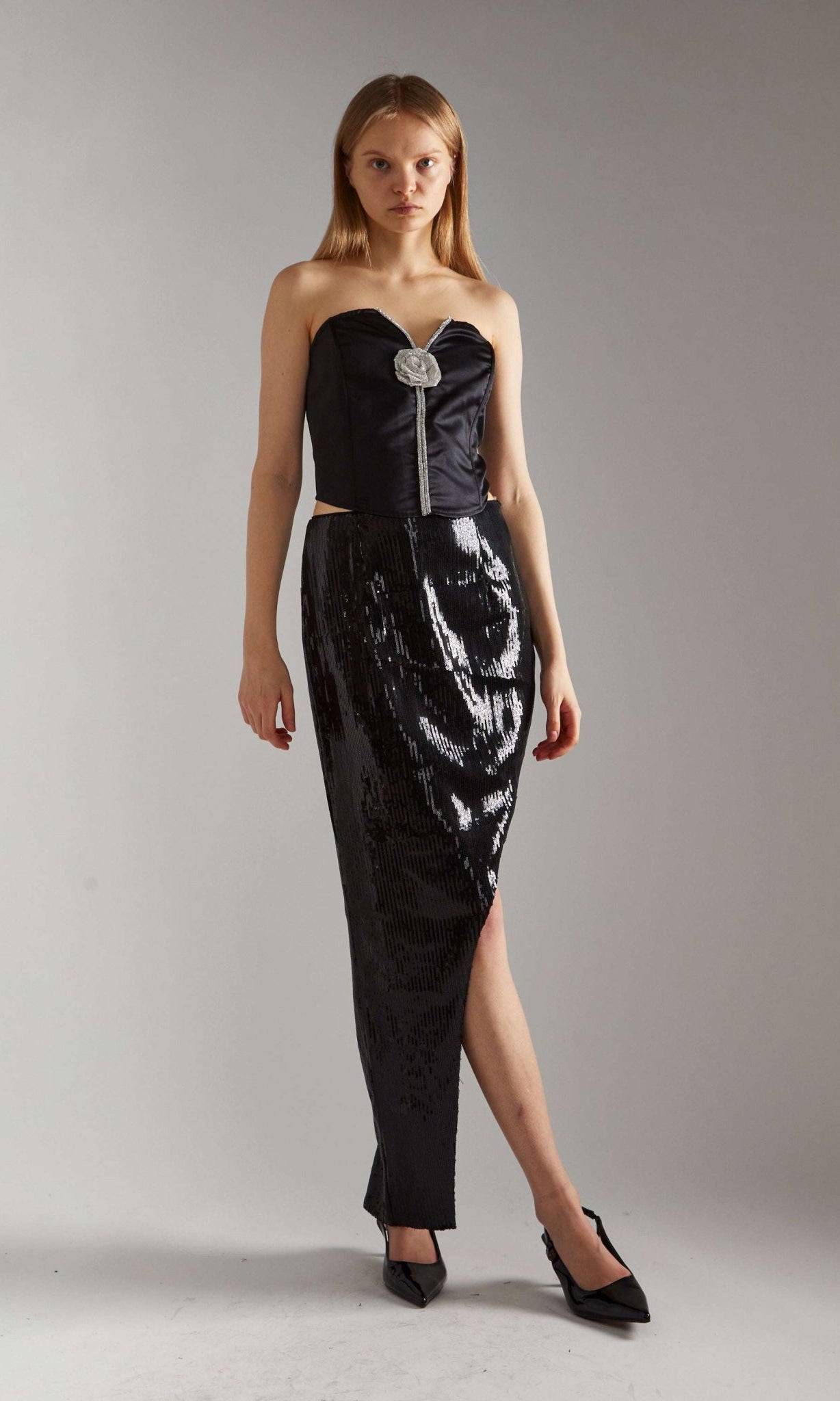 Shop Glamorous Glamorous Black - Satin Rhinestone - Flower Strapless Top Corset for women – premium loungewear and festival fashion at Spoiled Brat