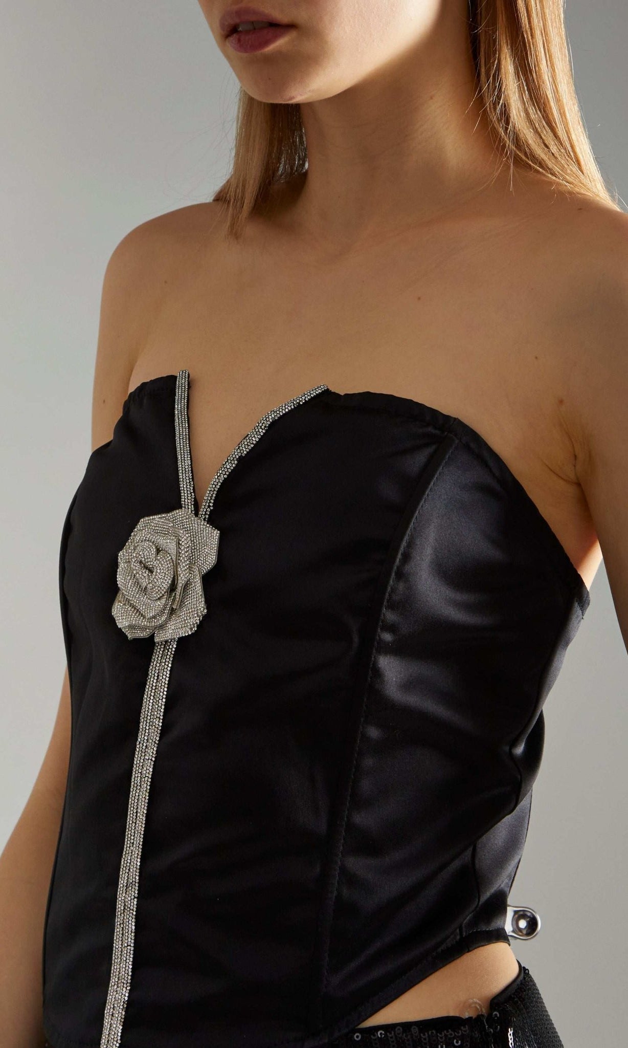 Shop Glamorous Glamorous Black - Satin Rhinestone - Flower Strapless Top Corset for women – premium loungewear and festival fashion at Spoiled Brat