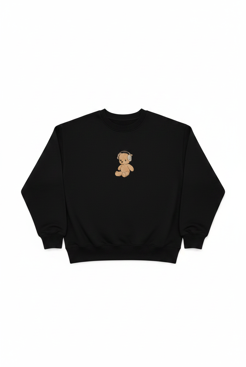 Black sweatshirt with a small teddy bear design on a white background
