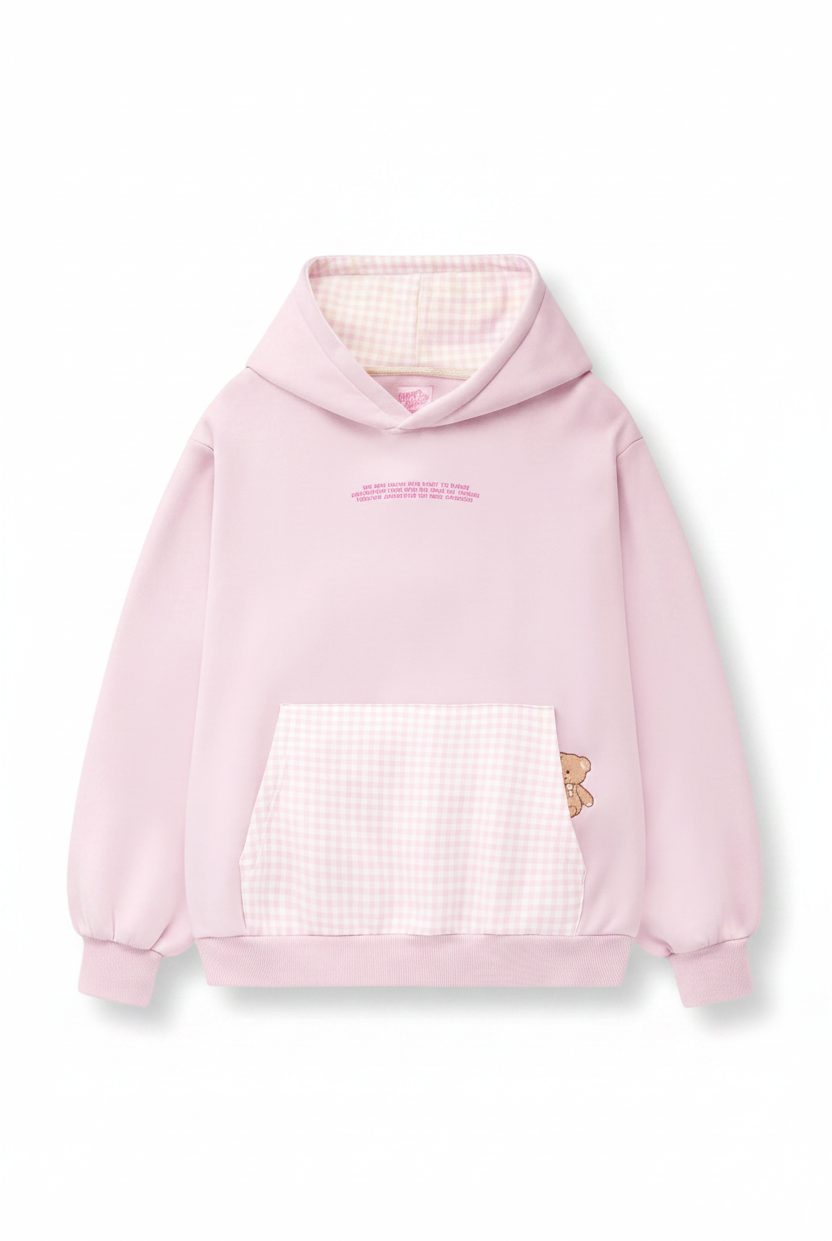 Pink hoodie with textured front and butterfly design on a white background
