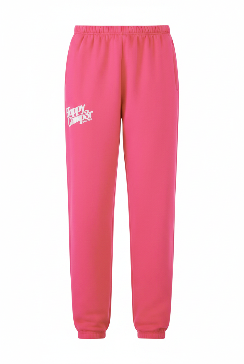 Pink sweatpants with a logo on a white background