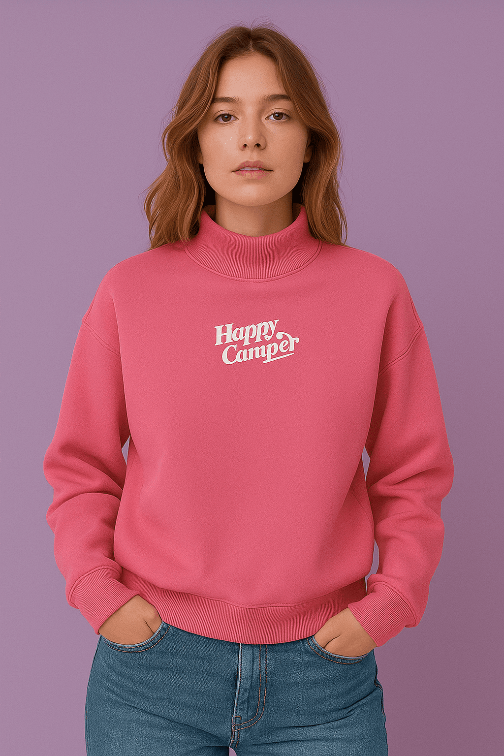 Shop Happy Camp3r Happy Camp3r Hot Pink Mockneck Sweatshirt Sweater for women – premium loungewear and festival fashion at Spoiled Brat