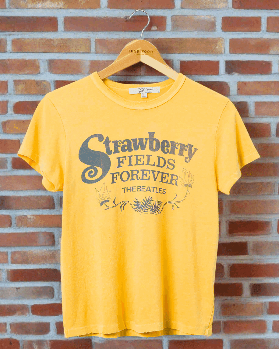 Shop Junk Food Junk Food Strawberry Fields The Beatles T-Shirt as seen on Sabrina Carpenter T-Shirt for women – premium loungewear and festival fashion at Spoiled Brat