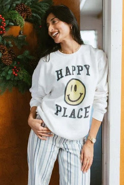 Shop Junk Food Junk Food Womens Happy Place Flea Market Fleece Sweater T-Shirt for women – premium loungewear and festival fashion at Spoiled Brat