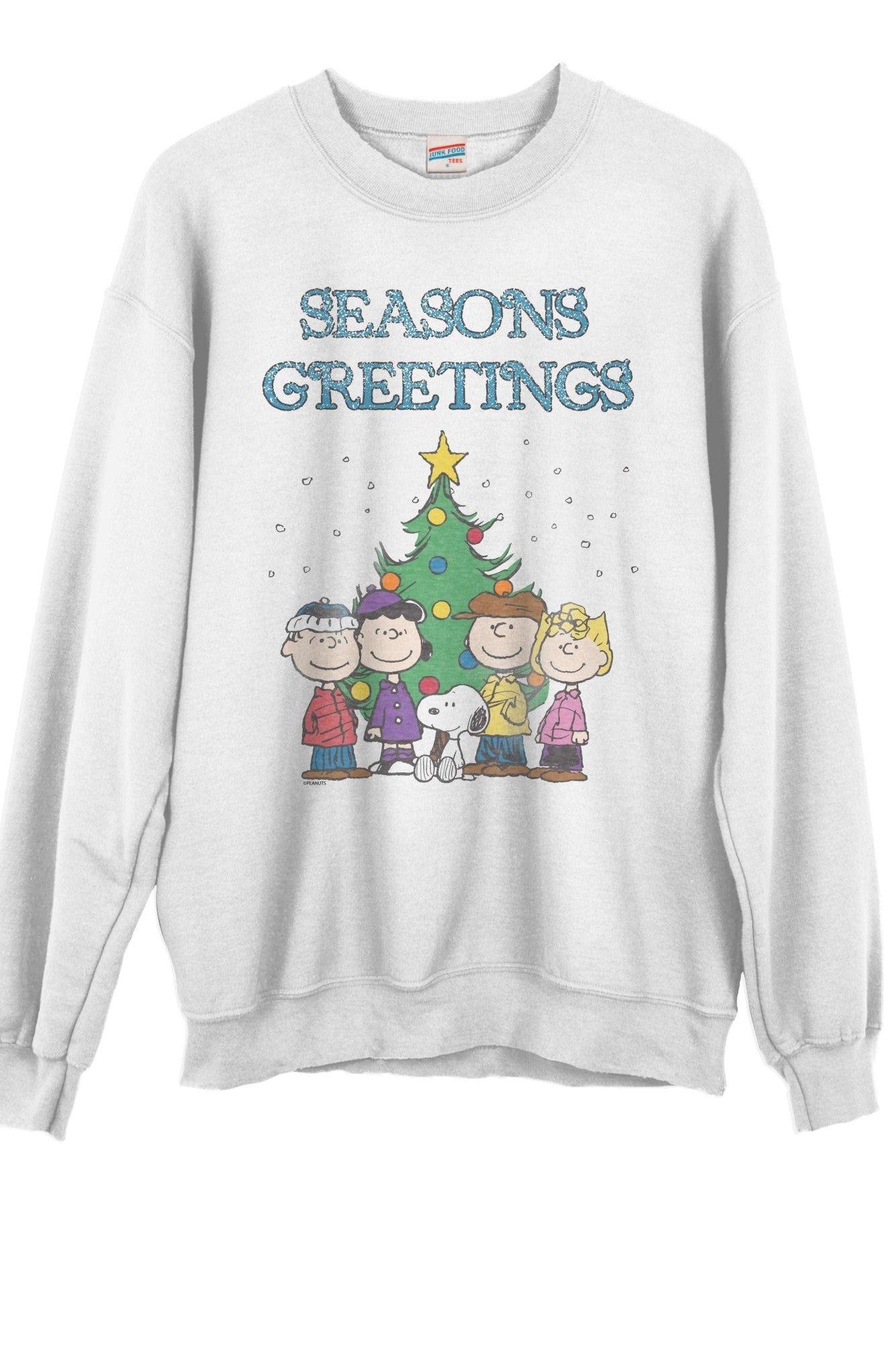 Shop Junk Food JUNKFOOD Peanuts Seasons Greetings Christmas Jumper Jumper for women – premium loungewear and festival fashion at Spoiled Brat