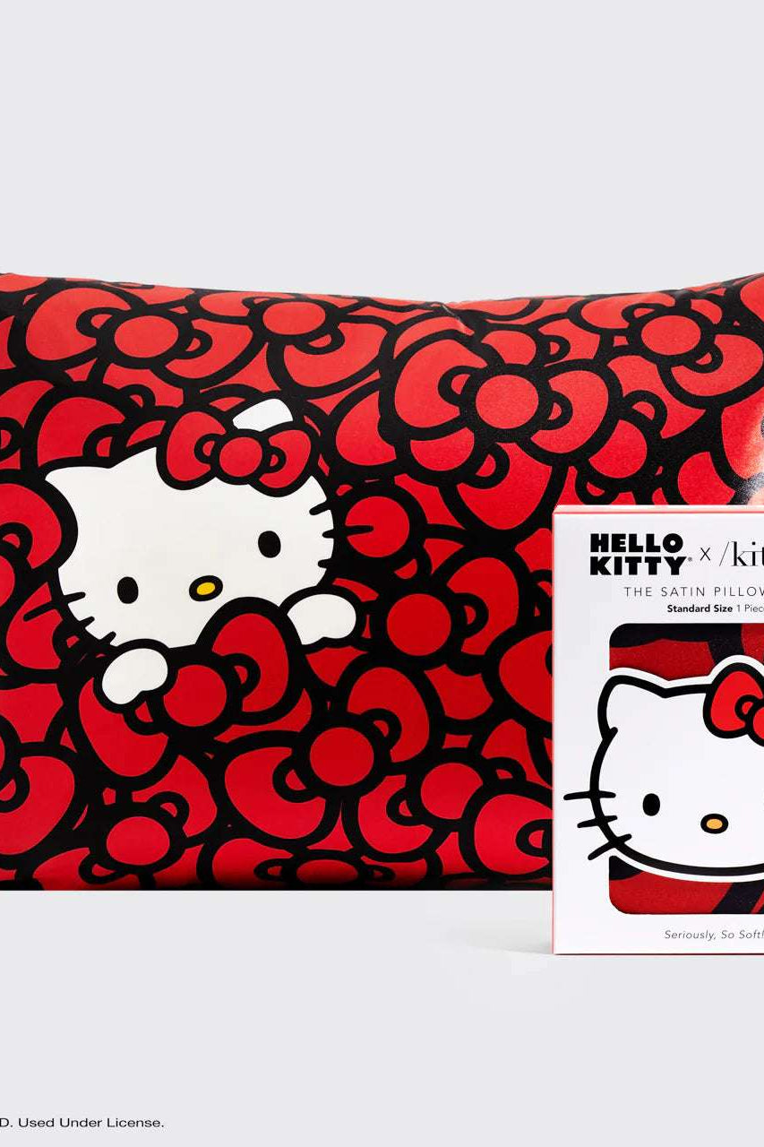Hello Kitty x Kitsch Satin Pillowcase - Hello Kitty Bathes in a Sea of Bows by Kitsch – Pillow – Red | Spoiled Brat UK