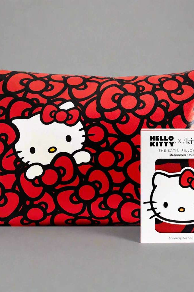 Hello Kitty x Kitsch Satin Pillowcase - Hello Kitty Bathes in a Sea of Bows by Kitsch – Pillow – Red | Spoiled Brat UK