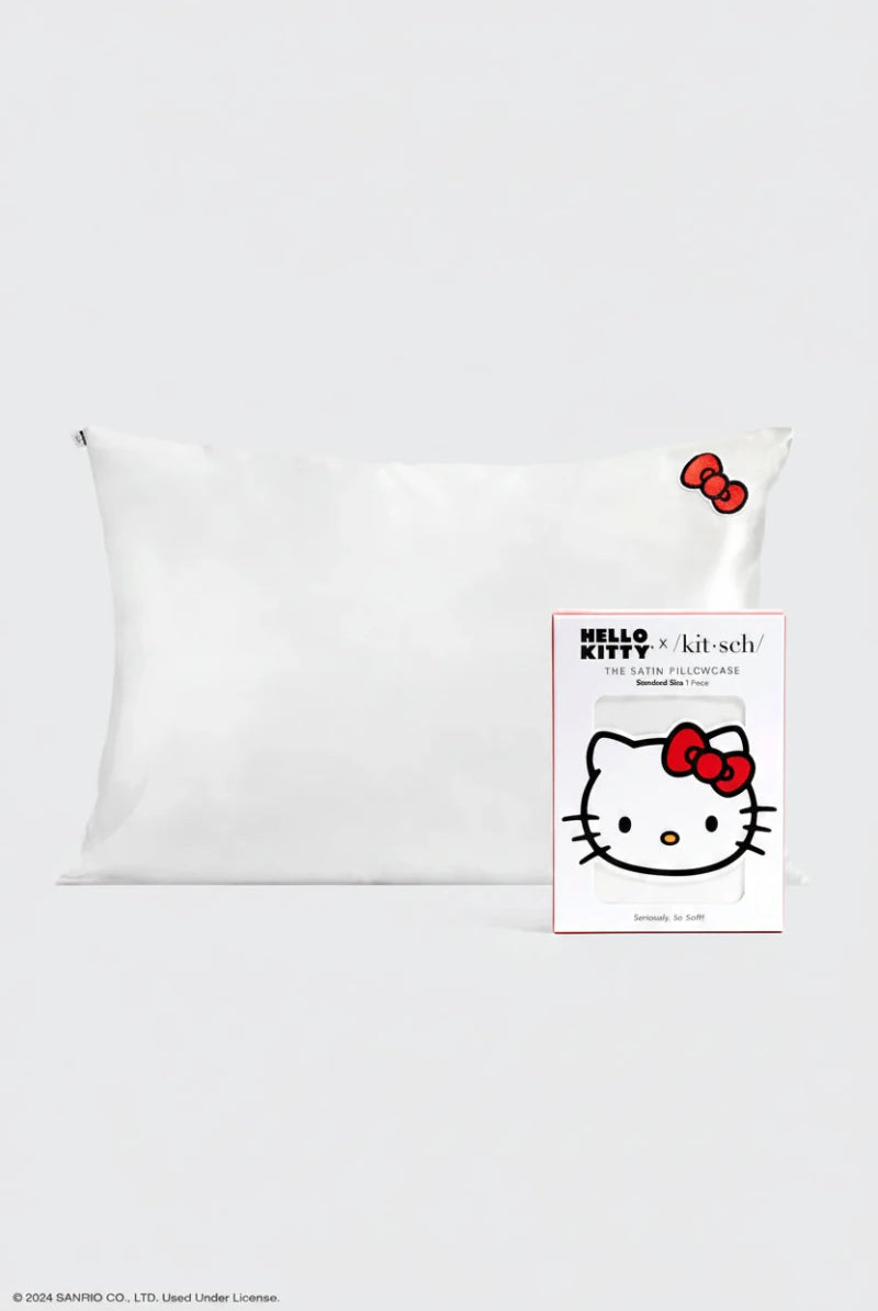 Shop Kitsch Hello Kitty x Kitsch Satin Pillowcase - Solid Ivory Hello Kitty Bow Pillow for women – premium loungewear and festival fashion at Spoiled Brat