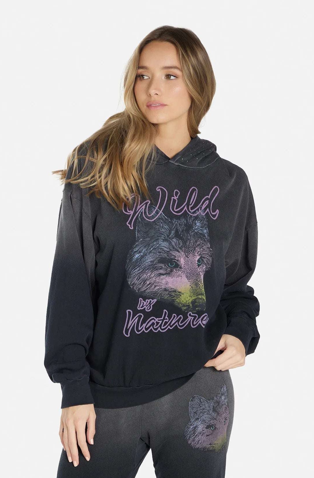 Shop Lauren Moshi Lauren Moshi Harmony Wild Wolf Hooded Sweatshirt Sweater for women – premium loungewear and festival fashion at Spoiled Brat