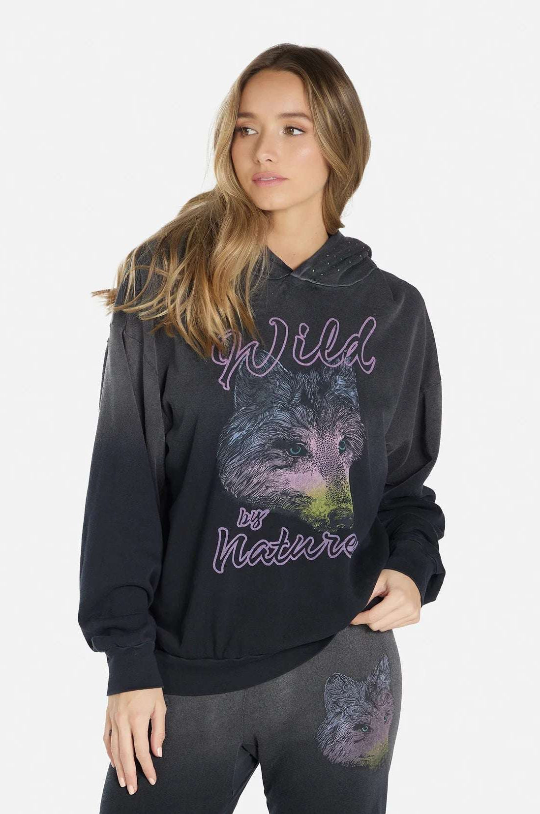 Shop Lauren Moshi Lauren Moshi Harmony Wild Wolf Hooded Sweatshirt Sweater for women – premium loungewear and festival fashion at Spoiled Brat