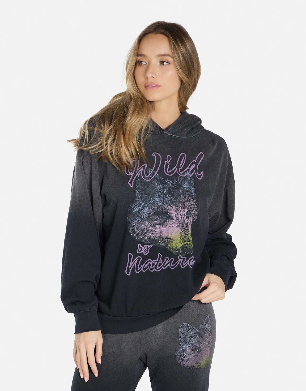 Shop Lauren Moshi Lauren Moshi Harmony Wild Wolf Hooded Sweatshirt Sweater for women – premium loungewear and festival fashion at Spoiled Brat