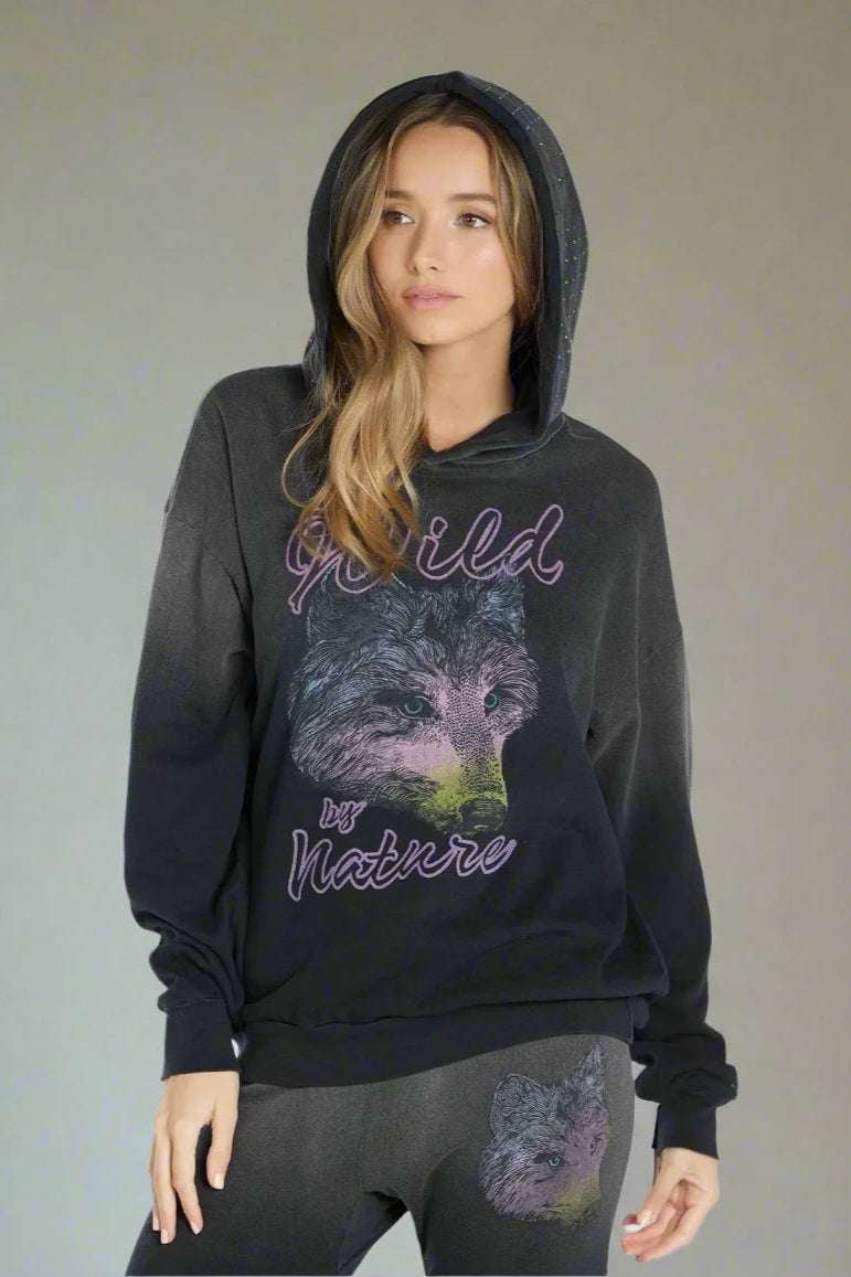 Shop Lauren Moshi Lauren Moshi Harmony Wild Wolf Hooded Sweatshirt Sweater for women – premium loungewear and festival fashion at Spoiled Brat