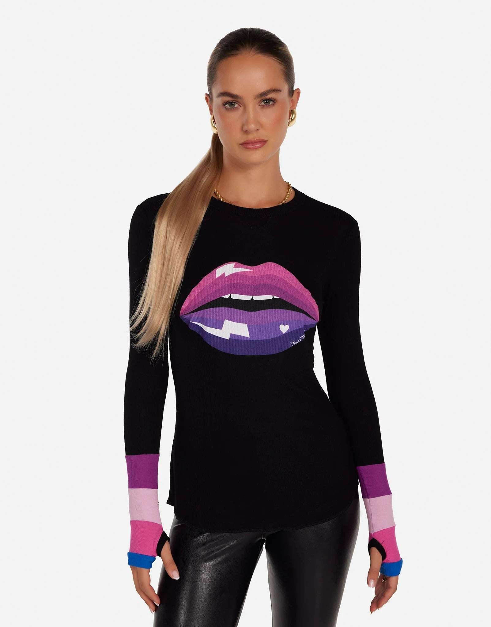 Shop Lauren Moshi Lauren Moshi Shyla Pink Ombre Lip Top Long Sleeved Top for women – premium loungewear and festival fashion at Spoiled Brat