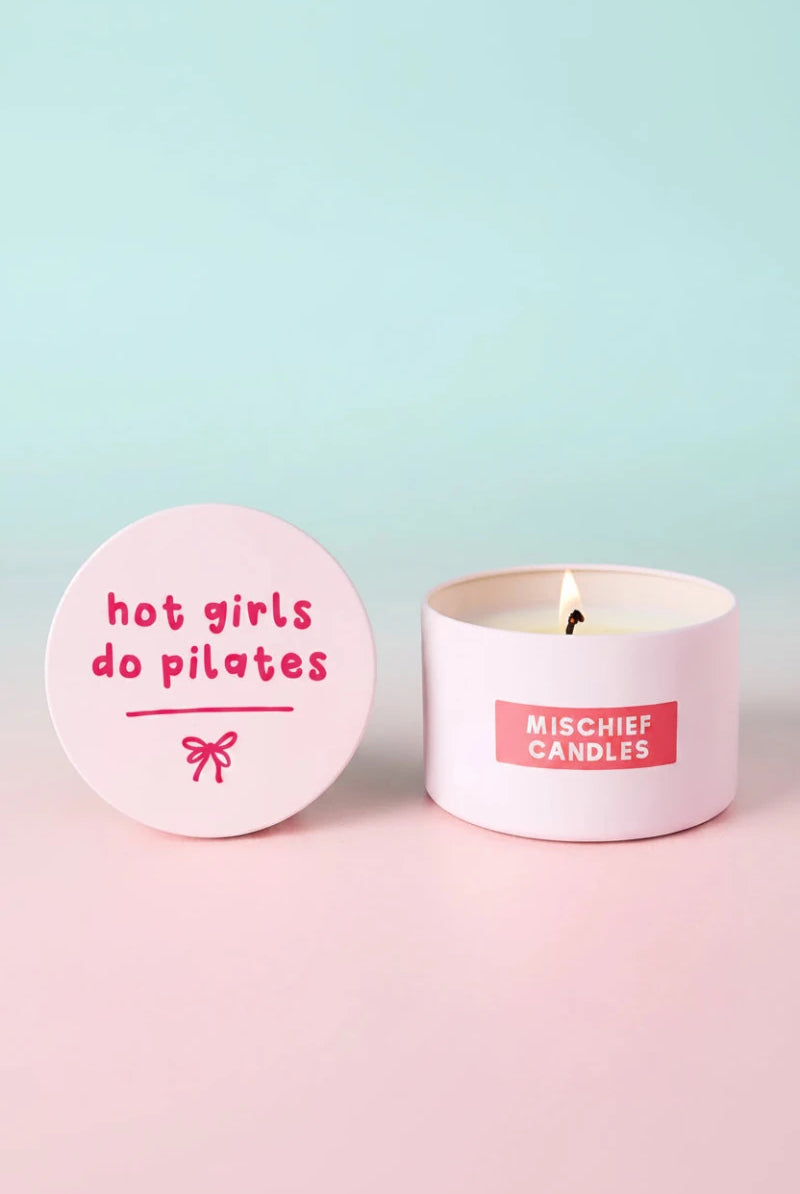 Shop Mischief Candles Hot Girls Do Pilates Pink Tin Candle Candles for women – premium loungewear and festival fashion at Spoiled Brat