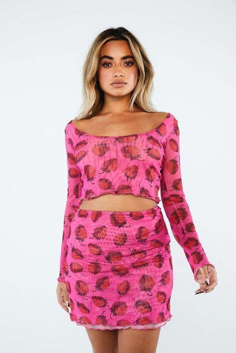 Shop New Girl Order New Girl Order Strawberry Mesh Mini Skirt Mini Skirt for women – premium loungewear and festival fashion at Spoiled Brat