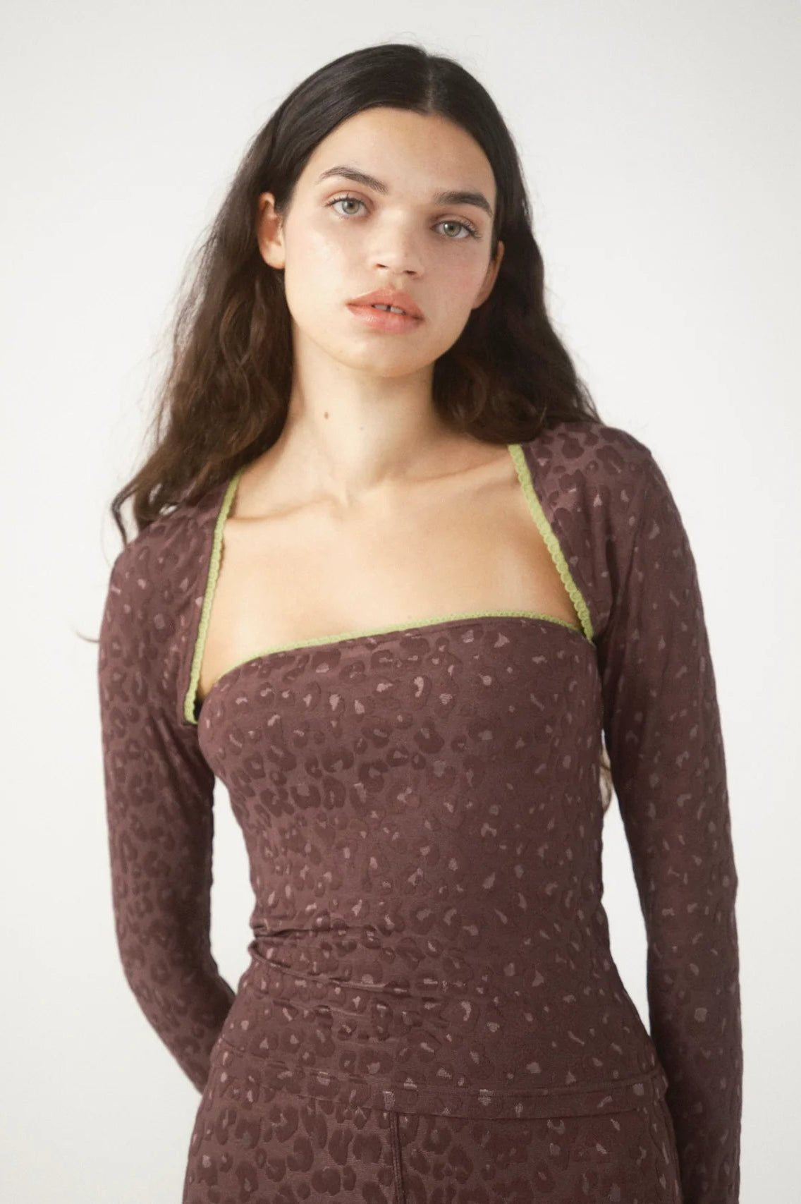 Shop Pixie and Peach Pixie & Peach Gwen Leopard Jacquard Shrug Top Top for women – premium loungewear and festival fashion at Spoiled Brat