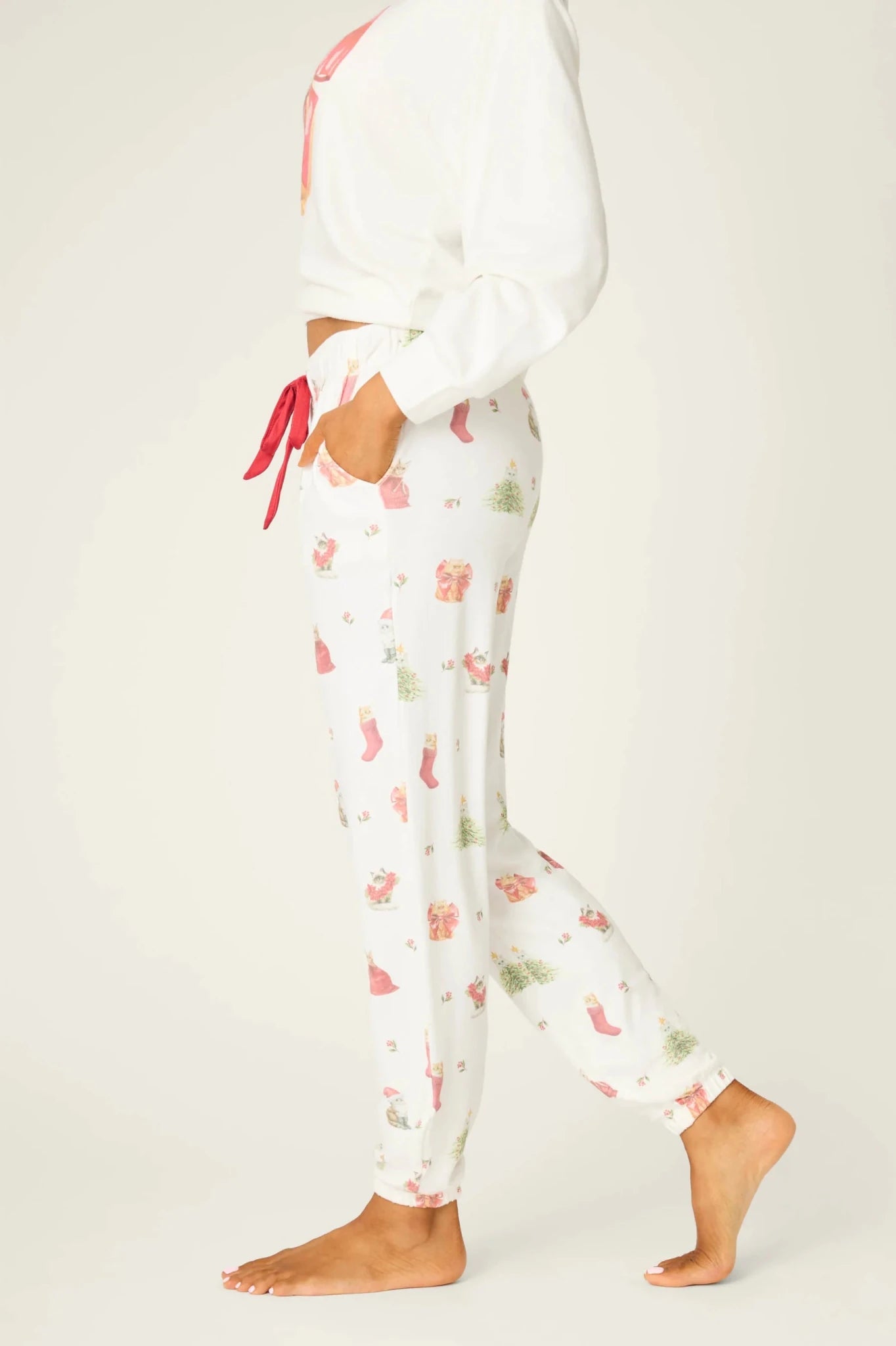 PJ Salvage Feline Festive Cat Print Banded PJ Pants as seen on Chloe Sims by PJ Salvage – Pyjamas – White | Spoiled Brat UK
