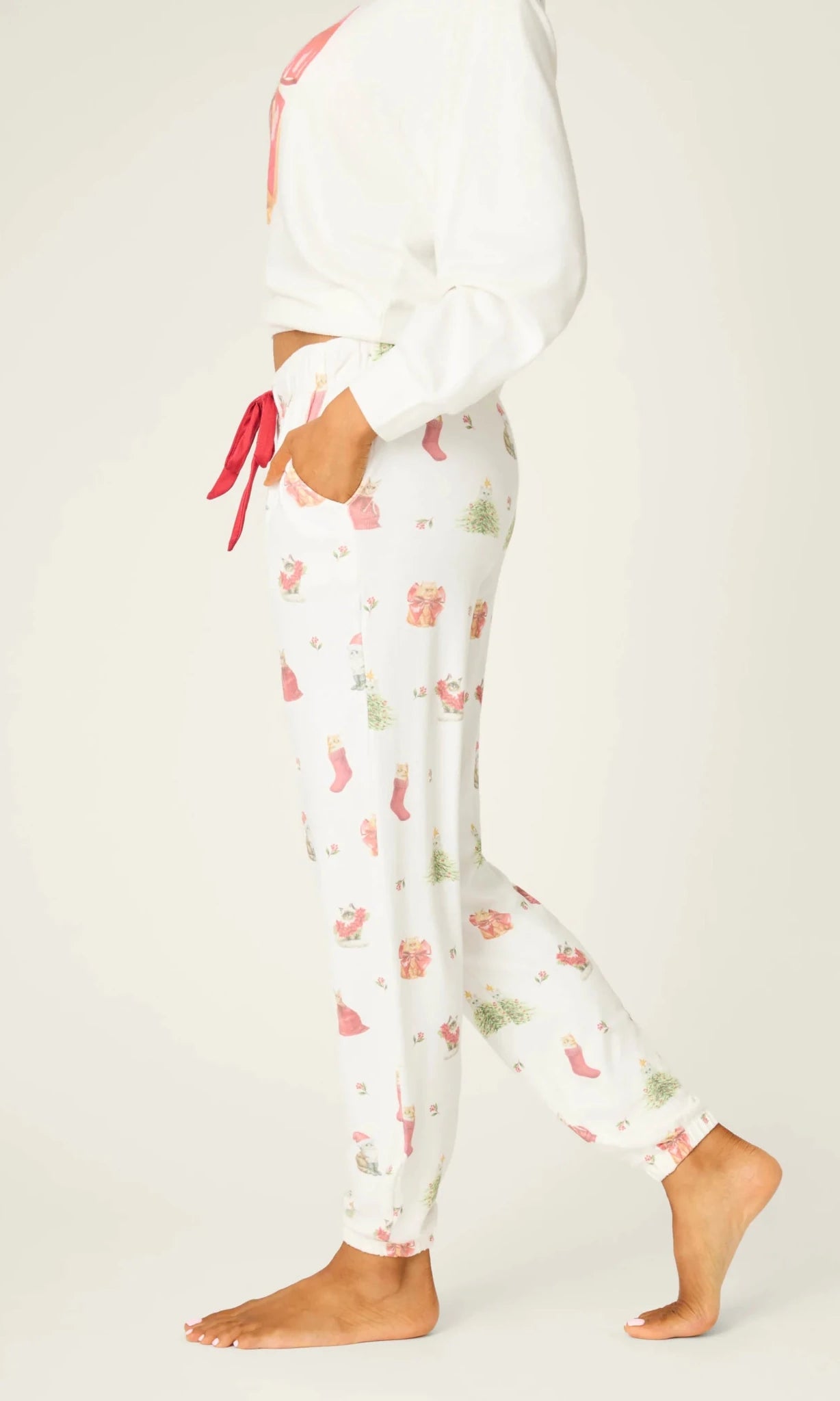 PJ Salvage Feline Festive Cat Print Banded PJ Pants as seen on Chloe Sims by PJ Salvage – Pyjamas – White | Spoiled Brat UK
