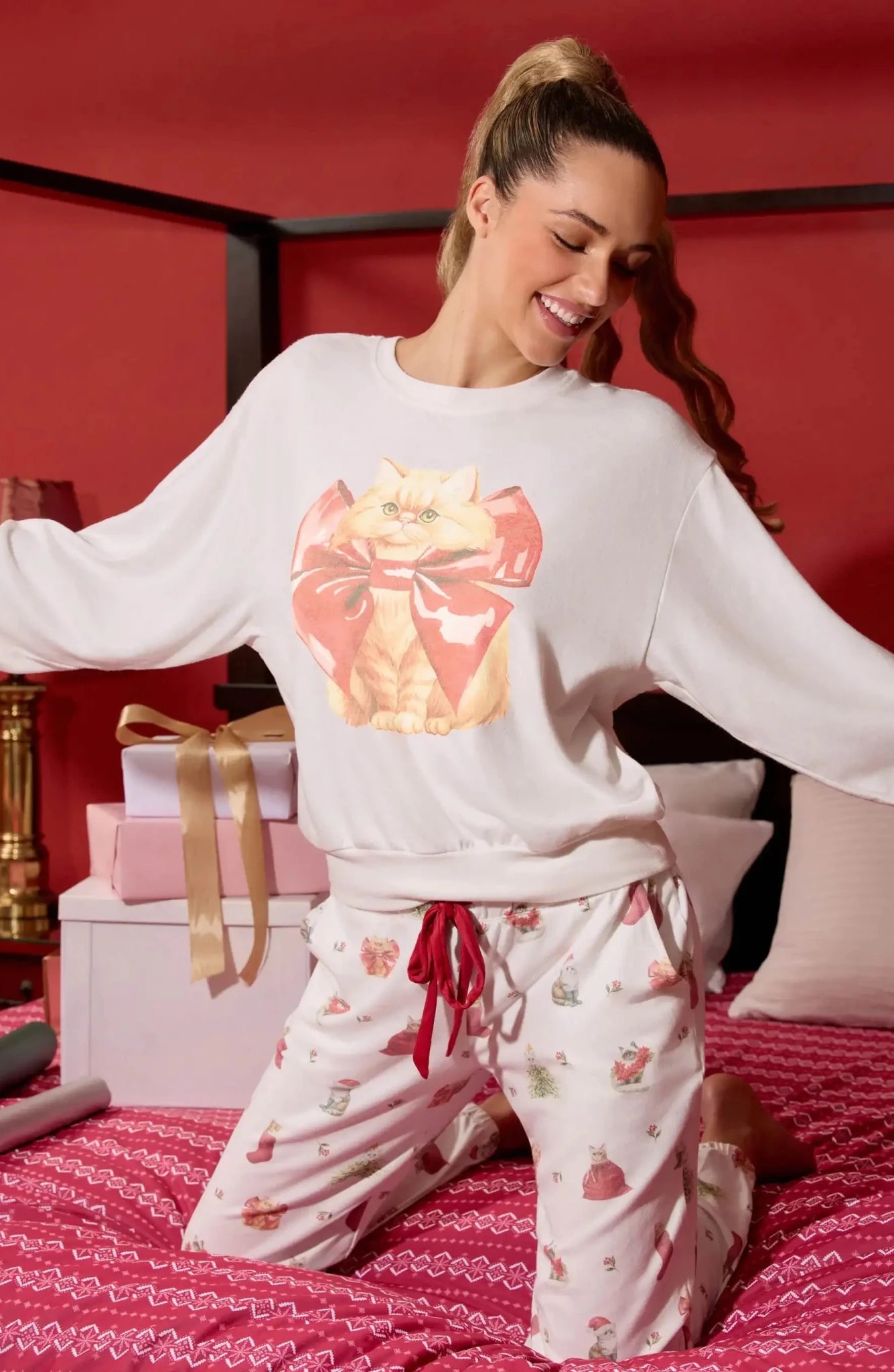Shop PJ Salvage PJ Salvage Feline Festive Cat Print Sweater as seen on Chloe Sims Sweater for women – premium loungewear and festival fashion at Spoiled Brat