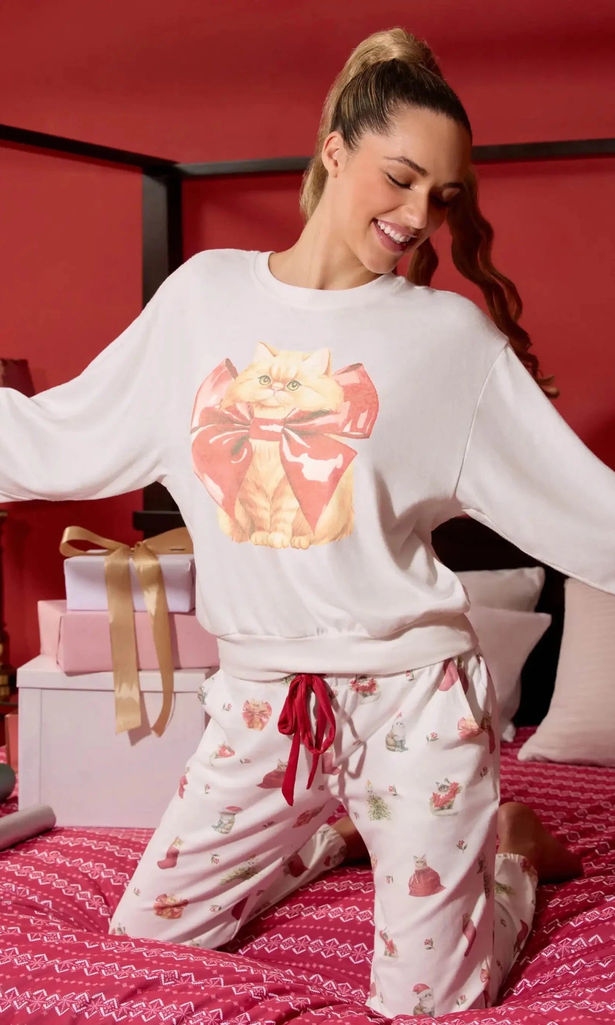 PJ Salvage Feline Festive Cat Print Sweater as seen on Chloe Sims by PJ Salvage – Sweater – Cream | Spoiled Brat UK