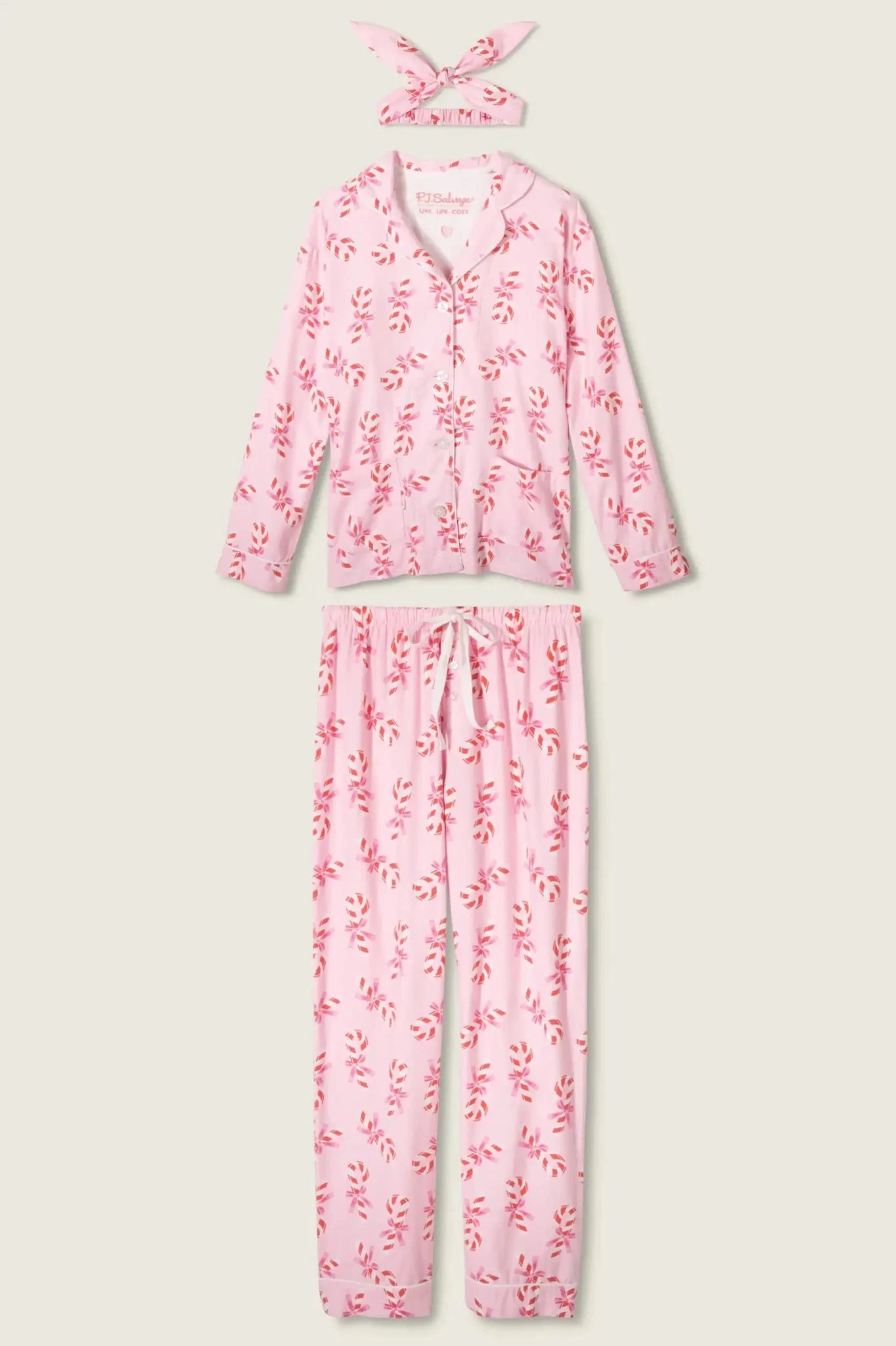 PJ Salvage Sweeter Than Sugar 3-Piece Candy Cane Print Flannel PJ Set as seen on Paris Hilton by PJ Salvage – Pyjamas – Pink | Spoiled Brat UK