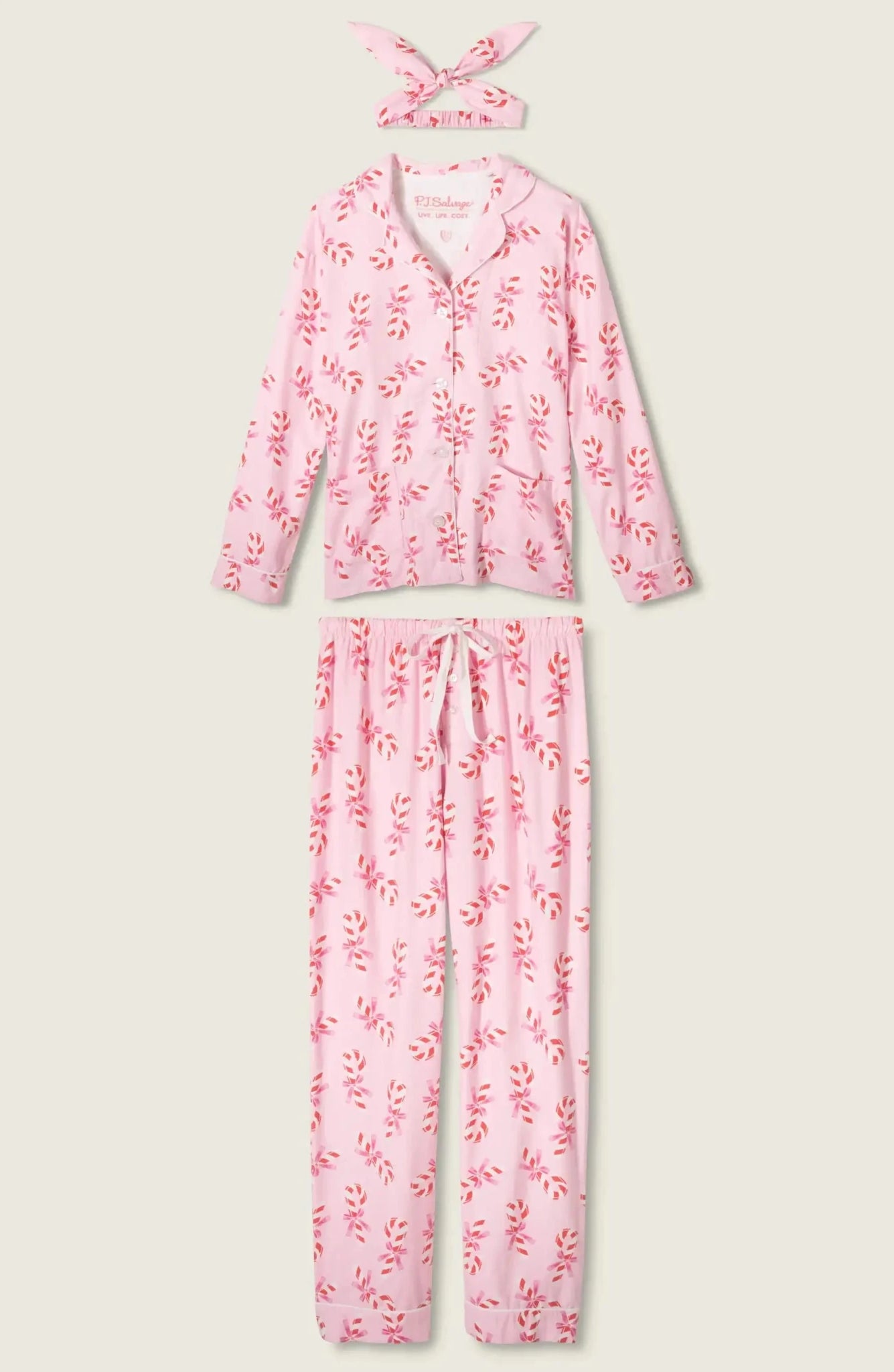 Shop PJ Salvage PJ Salvage Sweeter Than Sugar 3 - Piece Candy Cane Print Flannel PJ Set as seen on Paris Hilton Pyjamas for women – premium loungewear and festival fashion at Spoiled Brat