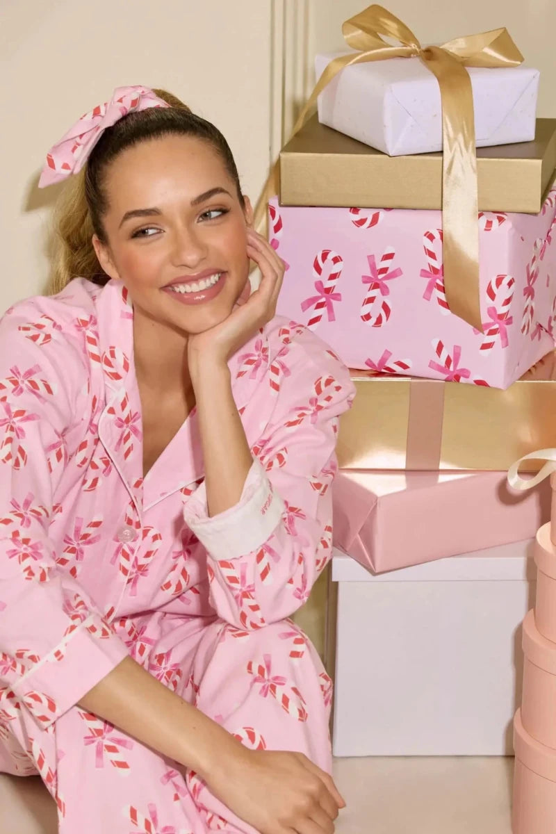 Shop PJ Salvage PJ Salvage Sweeter Than Sugar 3 - Piece Candy Cane Print Flannel PJ Set as seen on Paris Hilton Pyjamas for women – premium loungewear and festival fashion at Spoiled Brat