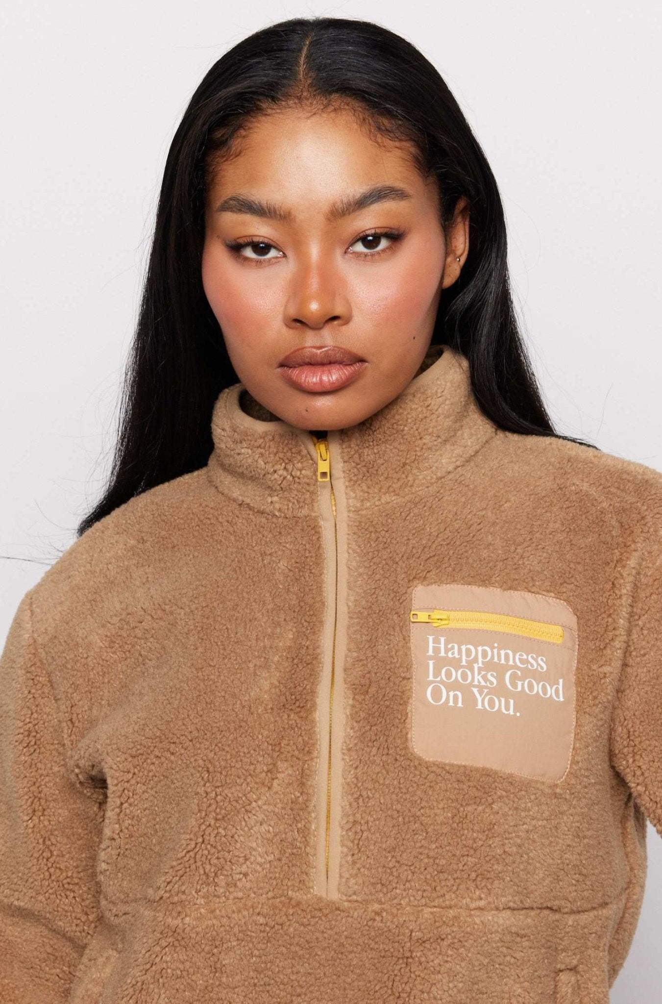 Shop Samii Ryan Samii Ryan Smiley® Sunshine Sherpa Jacket as seen on Sarah Jayne Dunn Jacket for women – premium loungewear and festival fashion at Spoiled Brat