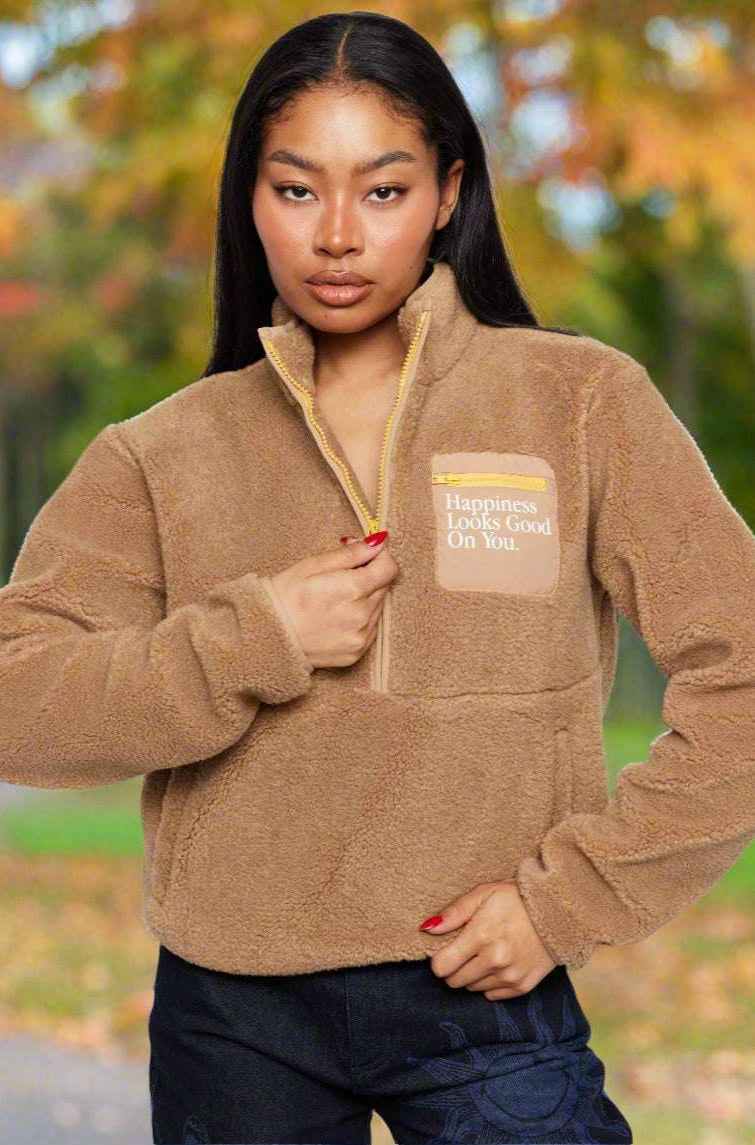 Shop Samii Ryan Samii Ryan Smiley® Sunshine Sherpa Jacket as seen on Sarah Jayne Dunn Jacket for women – premium loungewear and festival fashion at Spoiled Brat