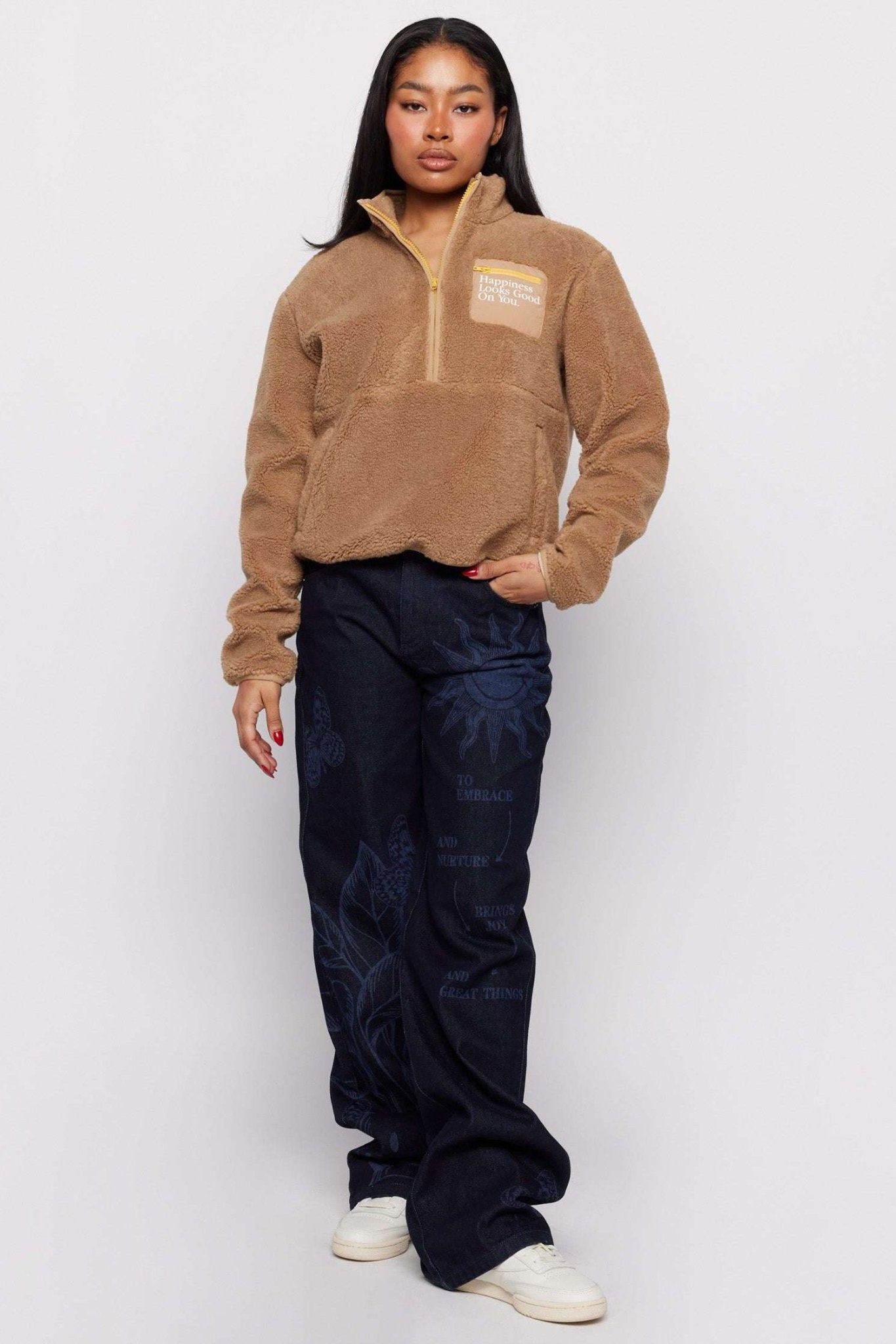 Shop Samii Ryan Samii Ryan Smiley® Sunshine Sherpa Jacket as seen on Sarah Jayne Dunn Jacket for women – premium loungewear and festival fashion at Spoiled Brat