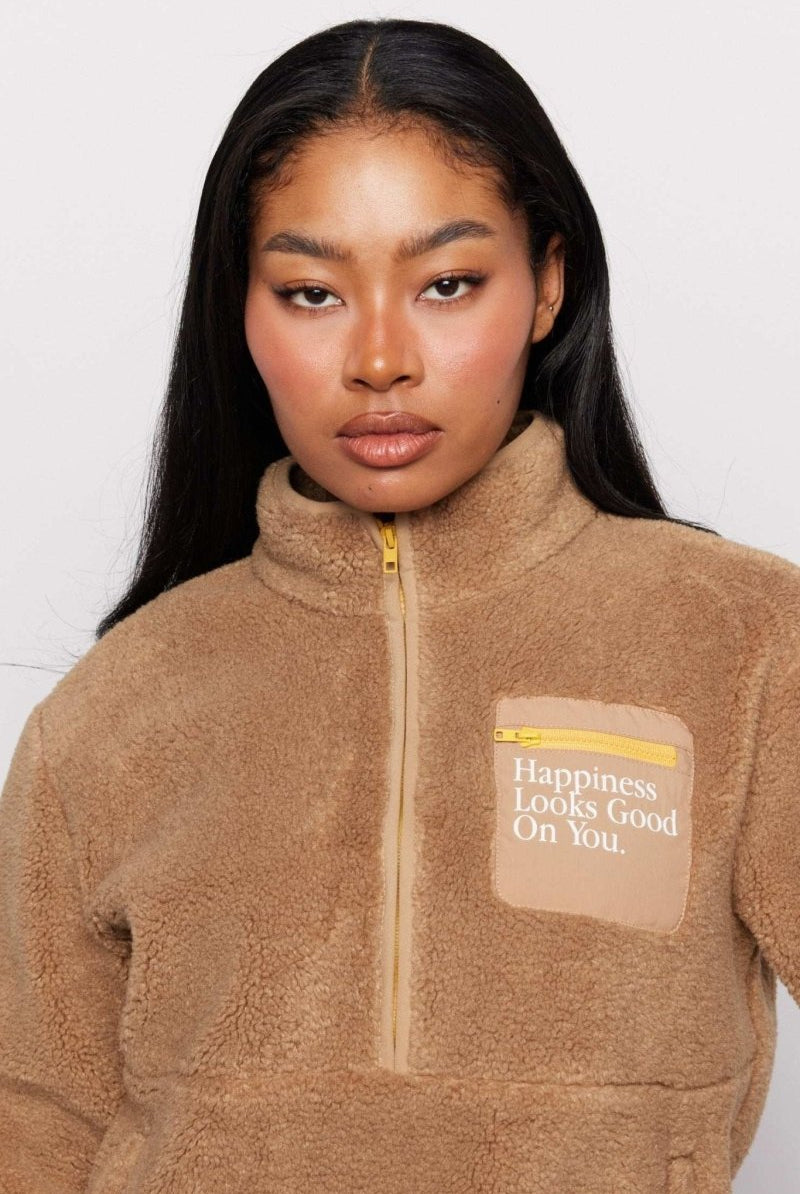 Shop Samii Ryan Samii Ryan Smiley® Sunshine Sherpa Jacket as seen on Sarah Jayne Dunn Jacket for women – premium loungewear and festival fashion at Spoiled Brat