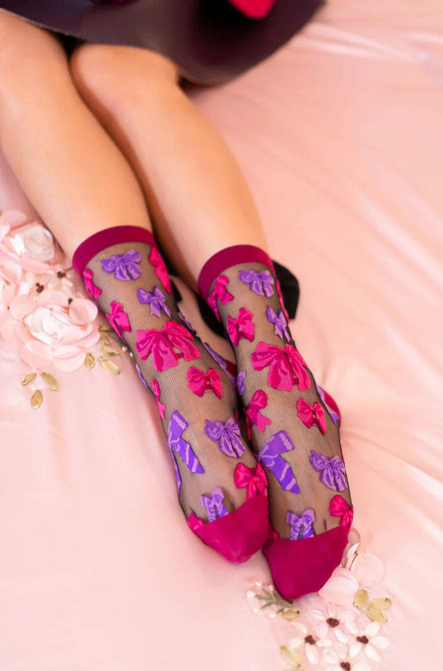 Shop Sock Candy Sock Candy Big Bow Energy Black Sheer Crew Sock Socks for women – premium loungewear and festival fashion at Spoiled Brat