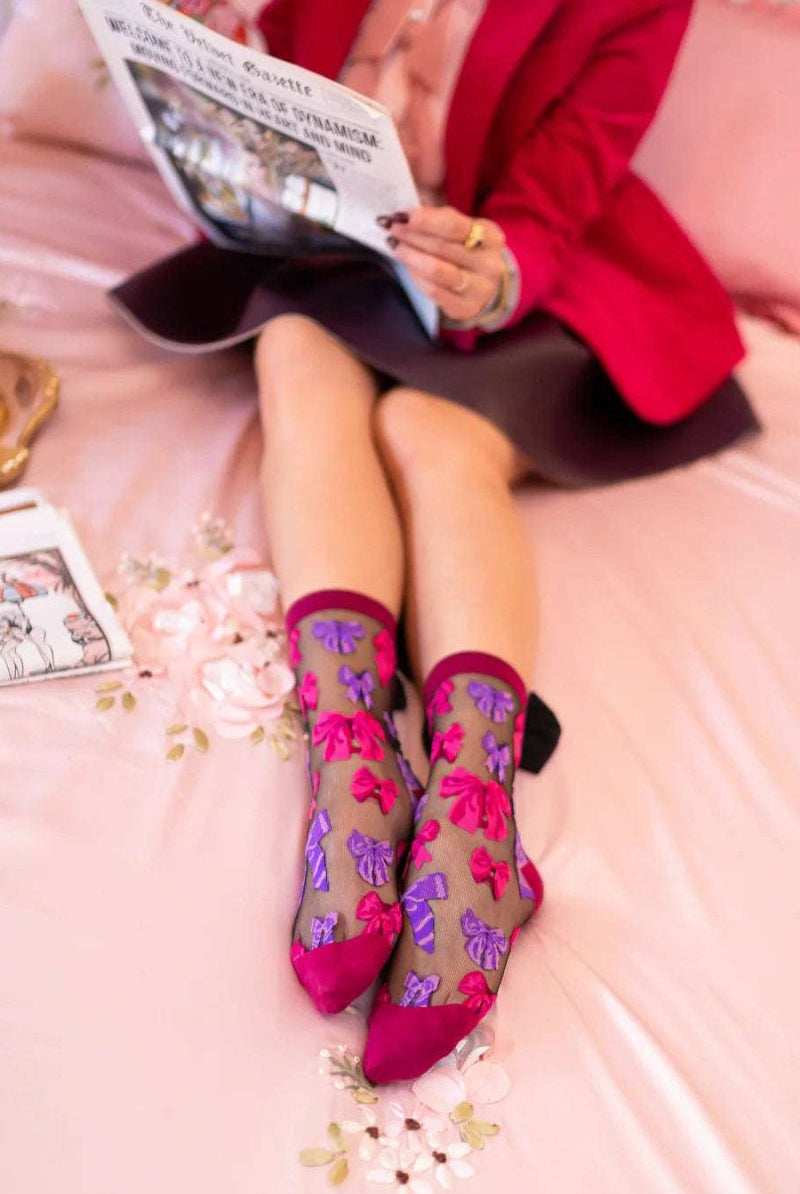 Shop Sock Candy Sock Candy Big Bow Energy Black Sheer Crew Sock Socks for women – premium loungewear and festival fashion at Spoiled Brat