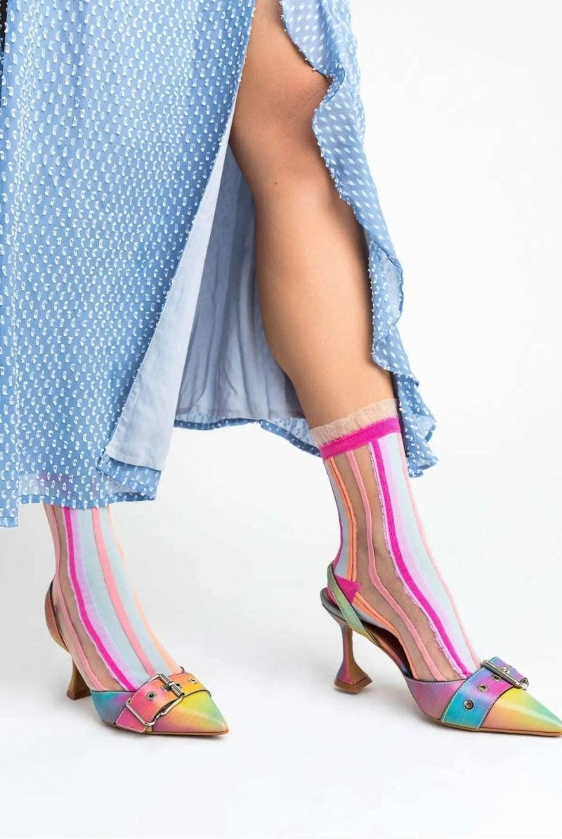 Shop Sock Candy Sock Candy Candy Stripe Ruffle Crew Sock Socks for women – premium loungewear and festival fashion at Spoiled Brat