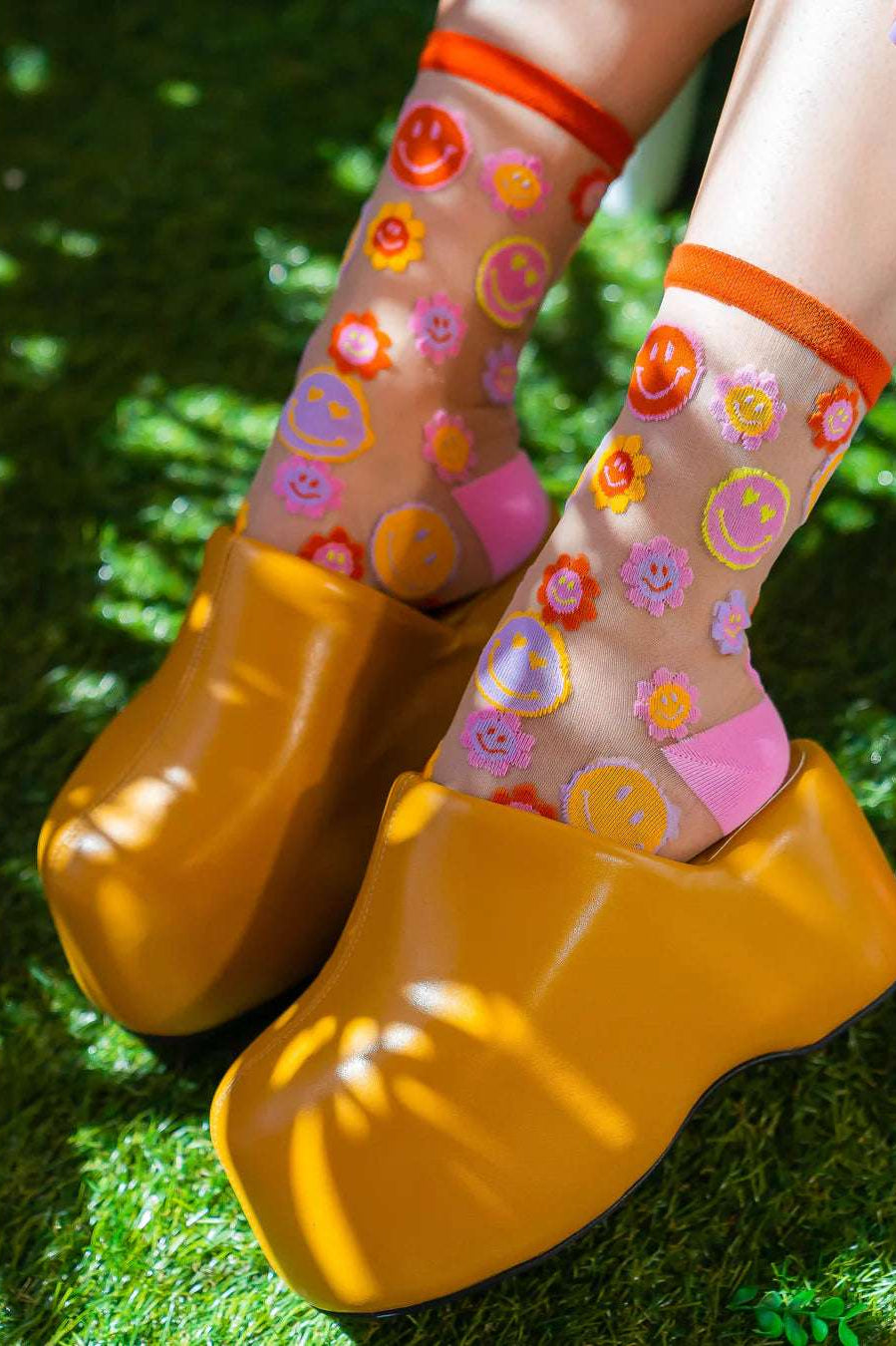 Sock Candy Smiley Face Daisy Sheer Crew Socks by Sock Candy – Socks – One Size | Spoiled Brat UK