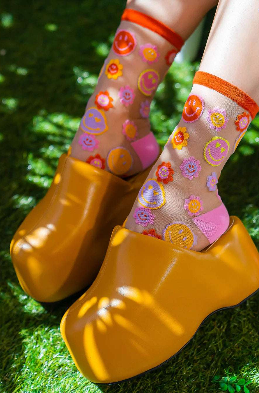 Shop Sock Candy Sock Candy Smiley Face Daisy Sheer Crew Socks Socks for women – premium loungewear and festival fashion at Spoiled Brat