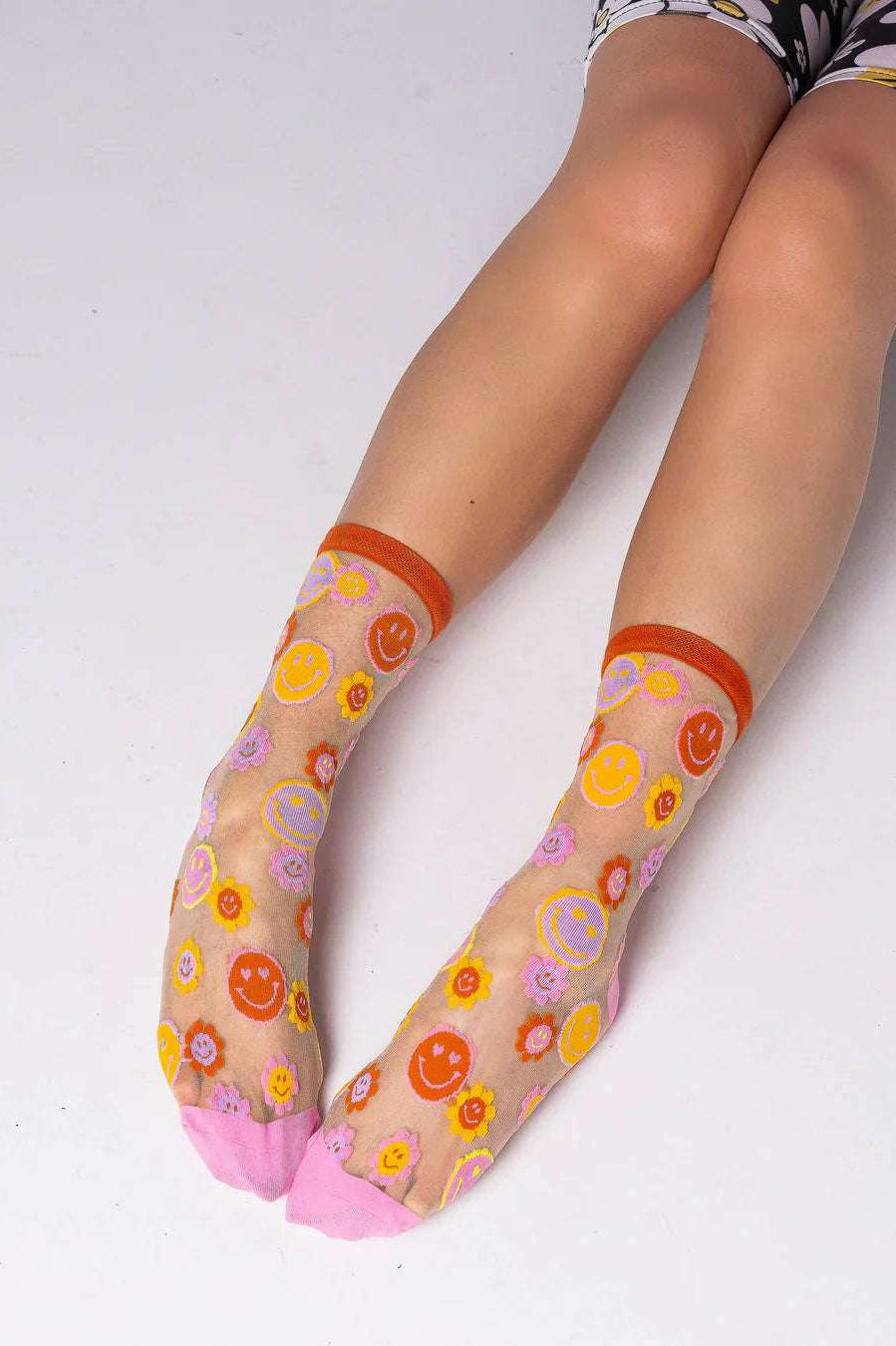 Sock Candy Smiley Face Daisy Sheer Crew Socks by Sock Candy – Socks – One Size | Spoiled Brat UK