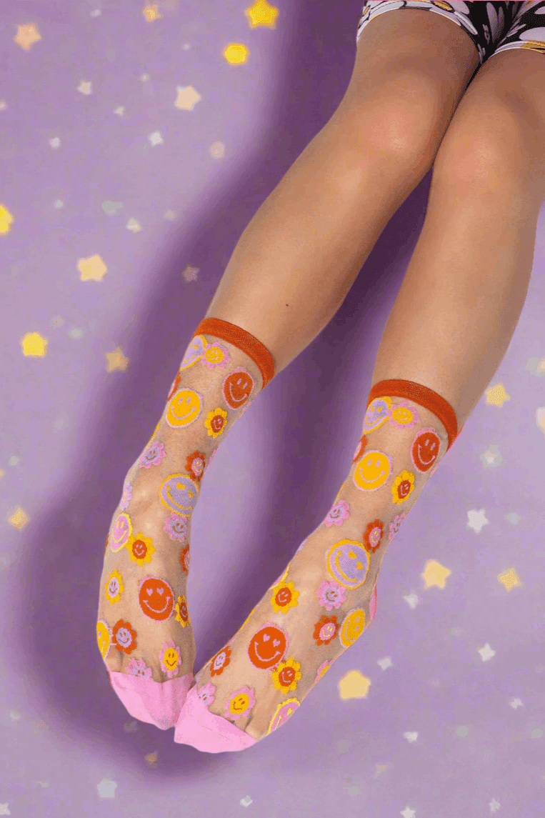 Sock Candy Smiley Face Daisy Sheer Crew Socks by Sock Candy – Socks – One Size | Spoiled Brat UK