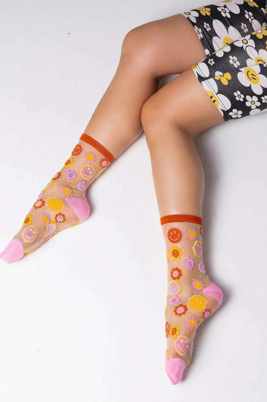 Sock Candy Smiley Face Daisy Sheer Crew Socks by Sock Candy – Socks – One Size | Spoiled Brat UK
