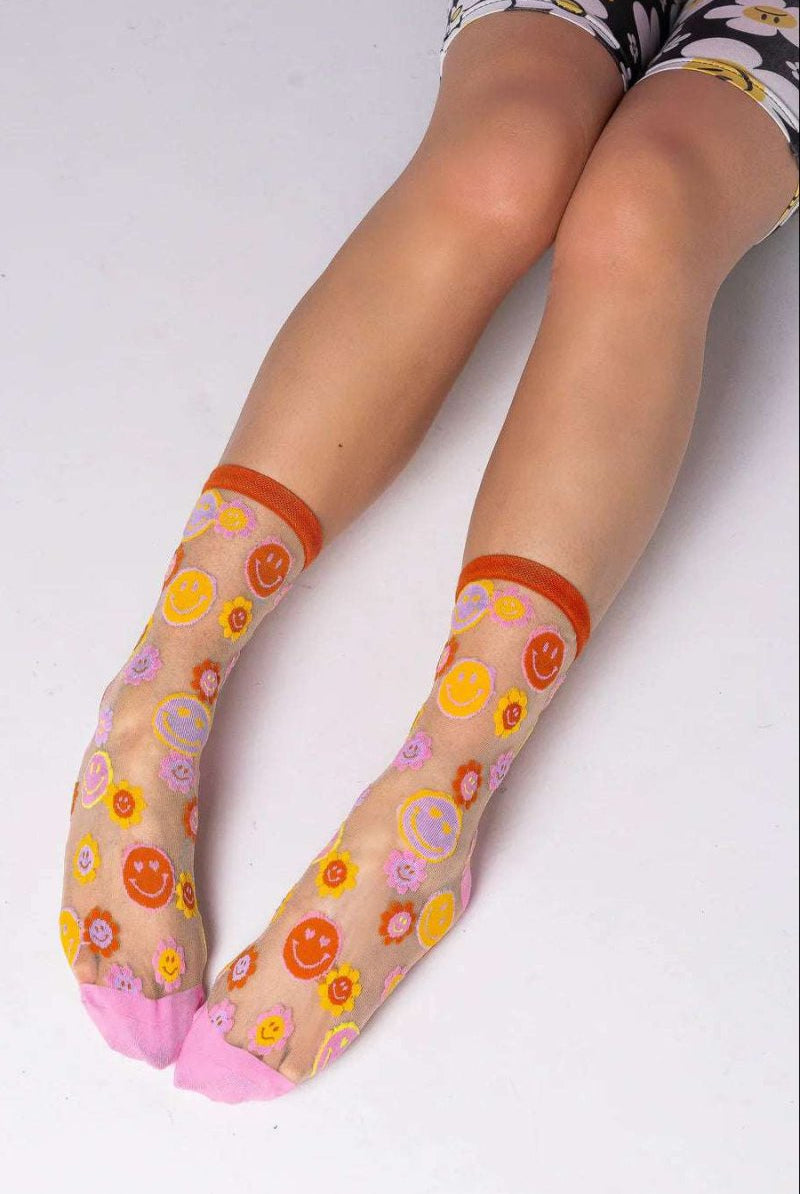 Shop Sock Candy Sock Candy Smiley Face Daisy Sheer Crew Socks Socks for women – premium loungewear and festival fashion at Spoiled Brat