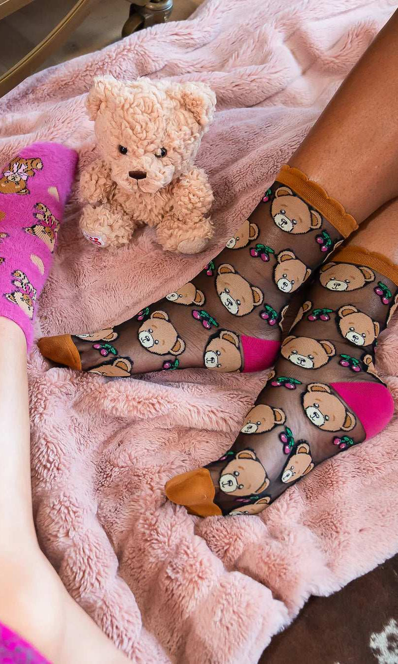 Shop Sock Candy Sock Candy Teddy Bear Ruffle Black Sheer Crew Sock Socks for women – premium loungewear and festival fashion at Spoiled Brat