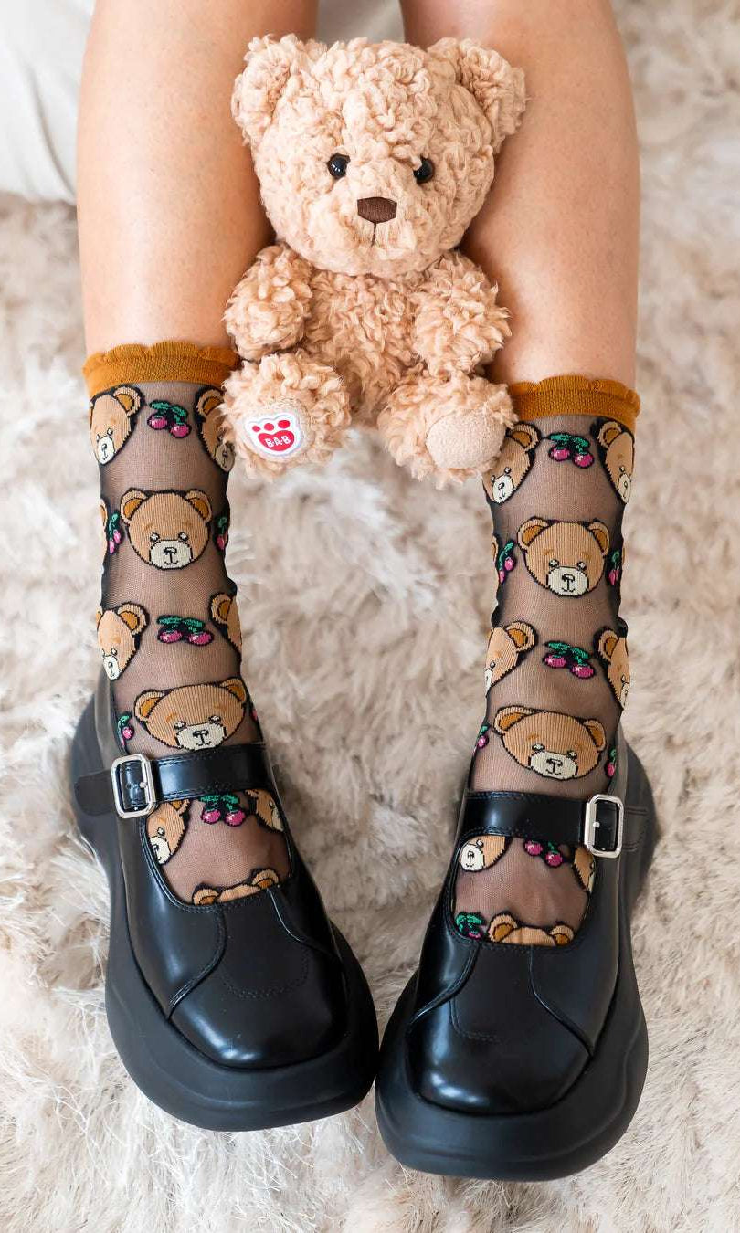 Shop Sock Candy Sock Candy Teddy Bear Ruffle Black Sheer Crew Sock Socks for women – premium loungewear and festival fashion at Spoiled Brat